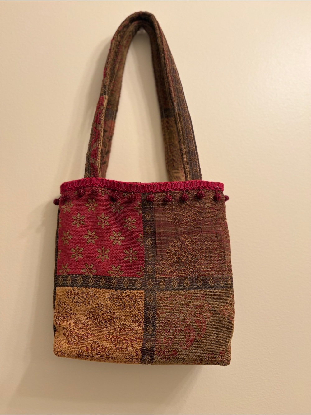 Woven Patchwork Tote Bag in Burgundy and Brown
